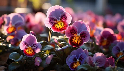 Foto op Plexiglas pansy flower bed. pansy flower closeup. pansy flower field. colourful flowers in the sun. spring time flowers. winter time flowers © Divid