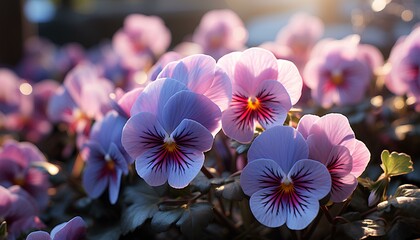 pink and yellow flowers. pansy flower bed. pansy flower closeup. pansy flower field. colourful flowers in the sun. spring time flowers. winter time flowers - obrazy, fototapety, plakaty