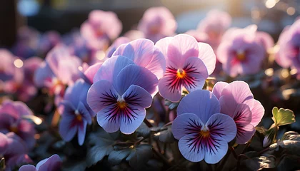  pink and yellow flowers. pansy flower bed. pansy flower closeup. pansy flower field. colourful flowers in the sun. spring time flowers. winter time flowers © Divid