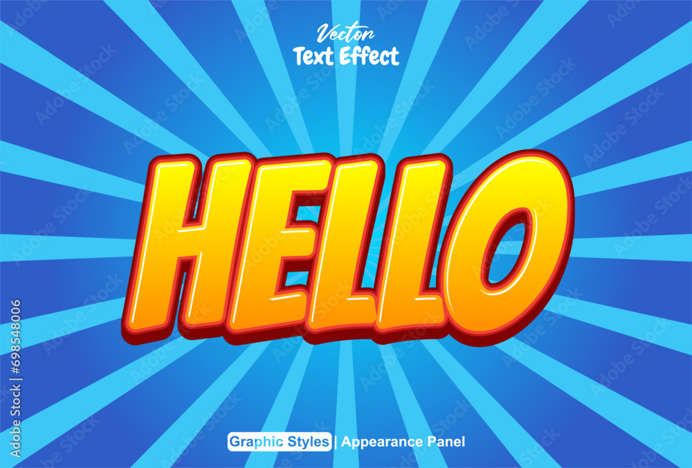 Poster hello text effect with orange graphic style and editable.
