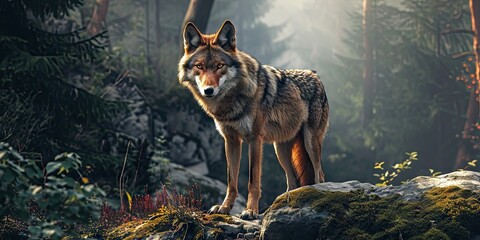 Captivating showcases untamed beauty of wolf symbol of wilderness and natural world. Striking grey fur appears majestic backdrop of forest during autumn season
