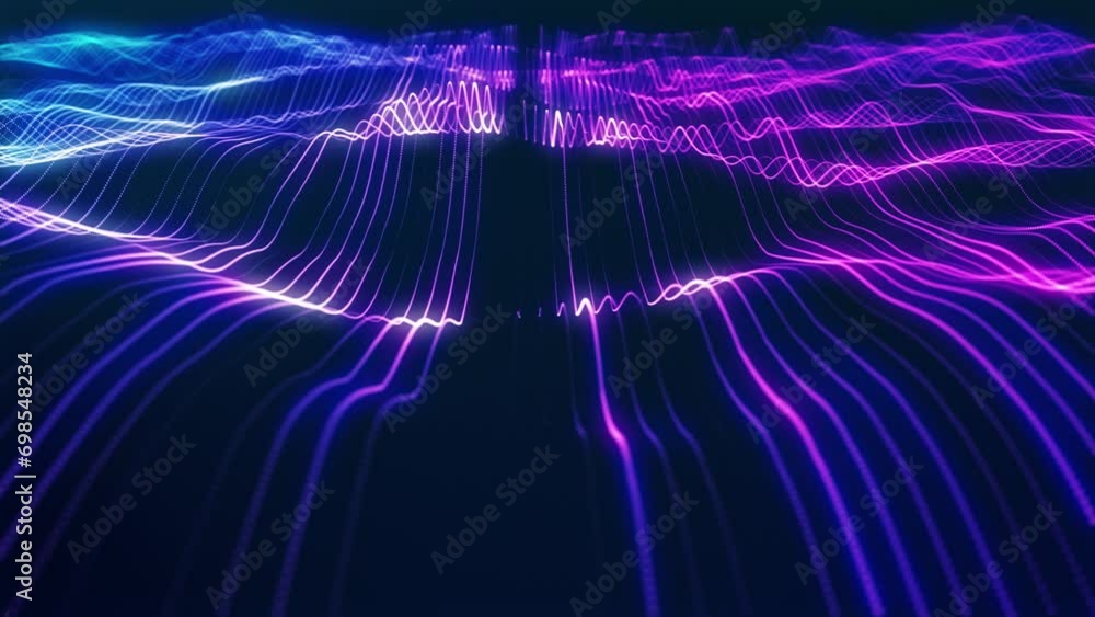 Poster gradient. stunning surface composed of neon glow particles that form waves of light, creating a capt