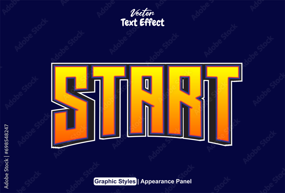 Aufkleber start text effect with orange color graphic style and editable.
