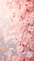 Scattered pink cherry blossoms on blurred soft pink background with bokeh effect with feeding flower leaves. Banner for cosmetic products. Japanese Hanami holiday of sakura blossoms. Relaxation.Banner