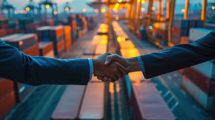businessman handshake of business deal with logistic and transportation global network distribution on industrial container terminal, export and import