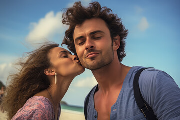 pareja de hombre y mujer jovenes besándose en la mejilla, sobre fondo de playa en día de verano - obrazy, fototapety, plakaty