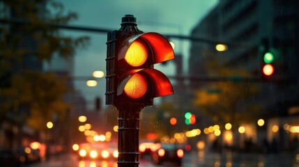 Traffic light glows with vibrant colors against the evening city backdrop. - obrazy, fototapety, plakaty