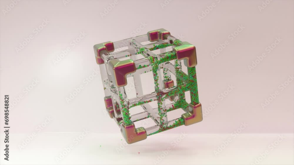Poster gleaming 3d cube structure rotates, its glassy frame filled with vibrant, dynamic particles.
