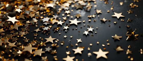 Black wall is decorated with twinkling gold stars. New Year on a golden background