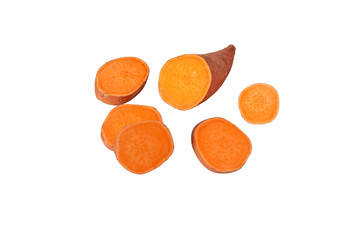 Batata or sweet potato sliced tube with red skin and yellow flesh isolated transparent png. Vegetable food staple.
