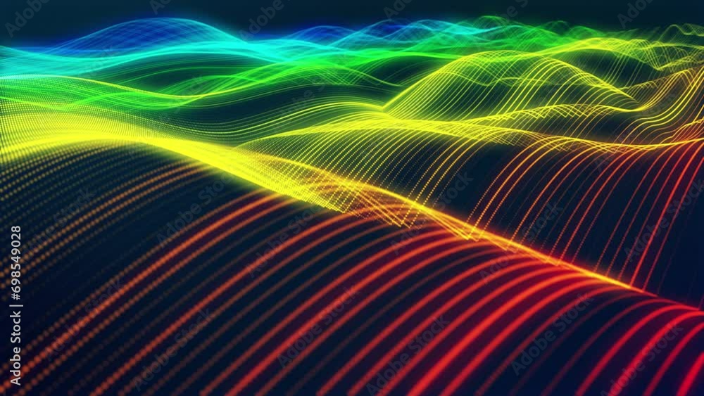 Poster stunning surface composed of neon glow particles that form waves of light. captivating seamless loop