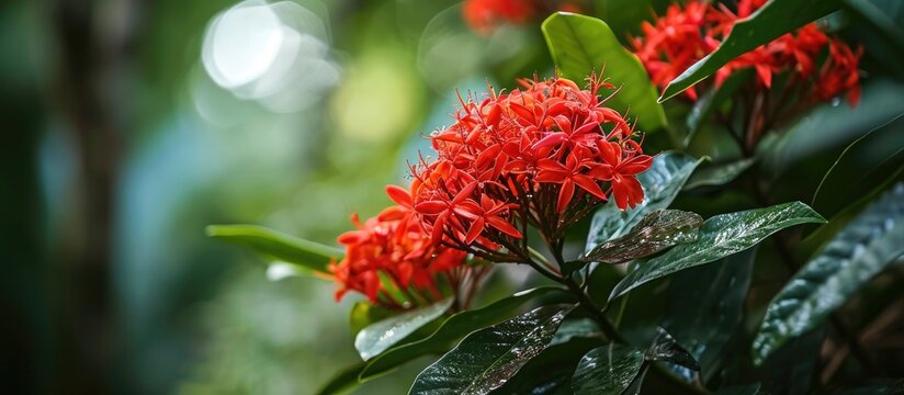 Ixora, known as flame of the woods, is a beautiful red flower with green leaves in a garden.