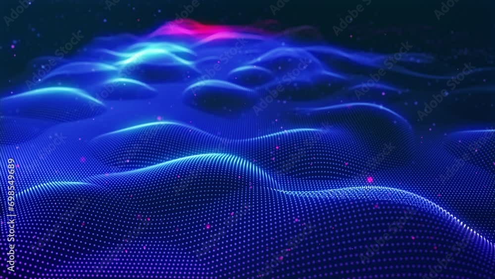 Poster neon glow surface. stunning surface composed of neon glow particles that form waves of light. captiv