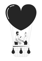Interracial couple floating on air balloon black and white 2D line cartoon characters. Affectionate boyfriend girlfriend isolated vector outline people. Ballooning monochromatic flat spot illustration