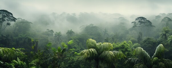 view of tropical forest with fog in the morning during the rainy season	
 - obrazy, fototapety, plakaty