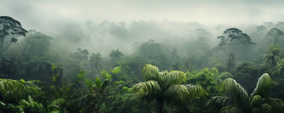 Fototapeta view of tropical forest with fog in the morning during the rainy season  
