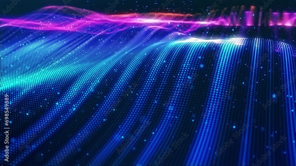 Poster stunning surface composed of neon glow particles that form waves of light. captivating seamless loop