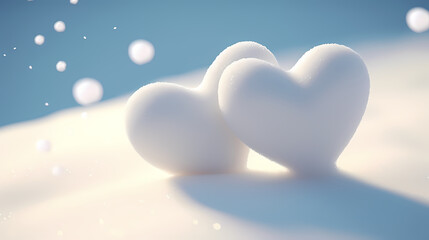 Fototapeta premium Two white hearts on snowdrift, love and outdoors concept, Valentine's Day background 