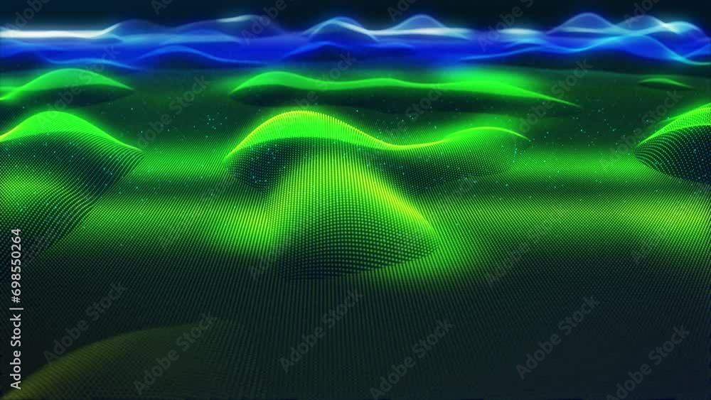 Poster neon glow surface. stunning surface composed of neon glow particles that form waves of light. captiv