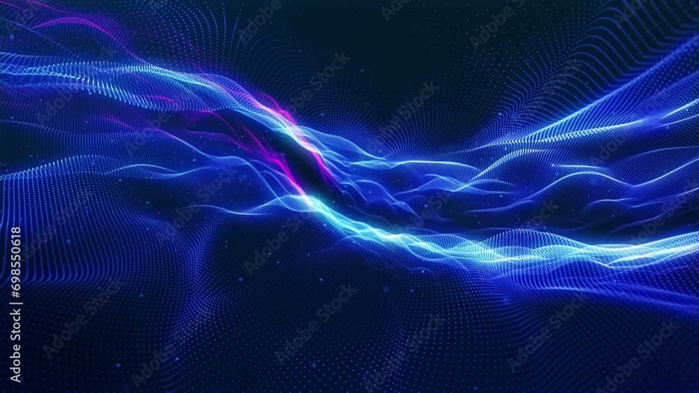 Poster luminous wave motion design. stunning surface composed of neon glow particles that form waves of lig