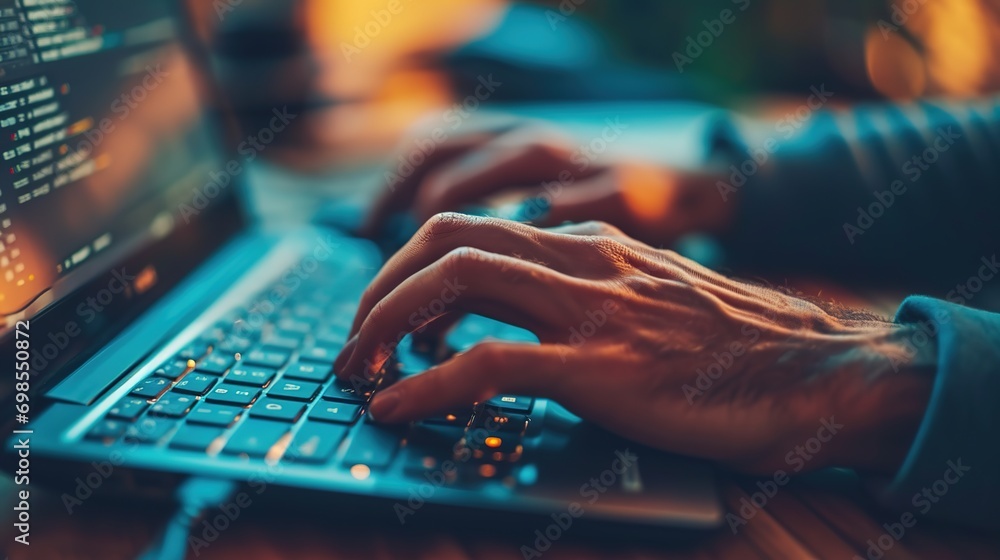 Poster closeup of man's hands typing on a keyboard of computer in corporate, creative and business office. 