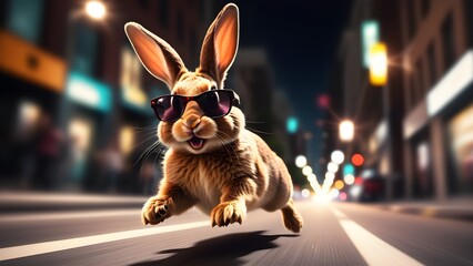 Easter bunny action running extremely fast on busy city street. City at night. Generative AI.  - obrazy, fototapety, plakaty