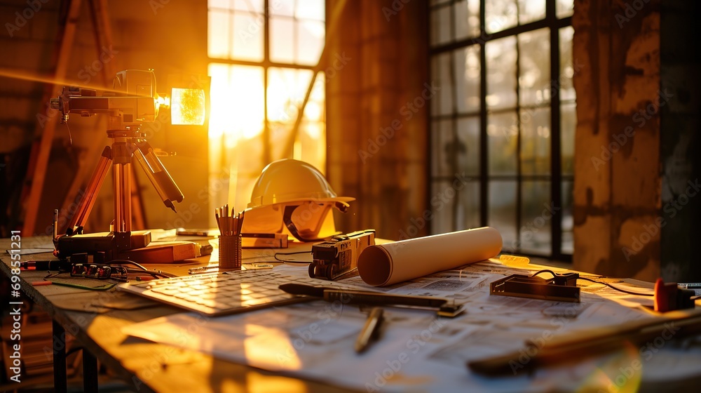 Poster concept architect and desk of architectural project in construction site or office building with min