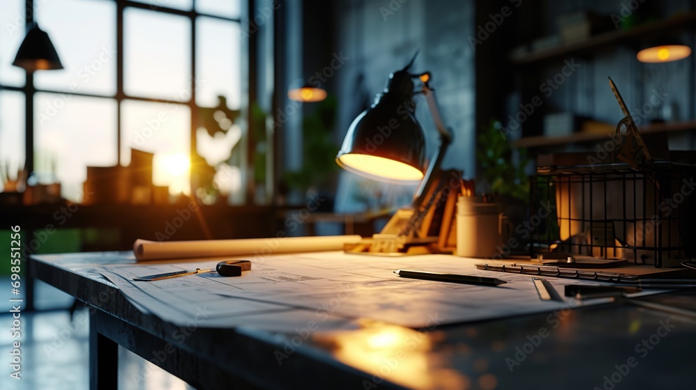 Poster concept architect and desk of architectural project in construction site or office building with min