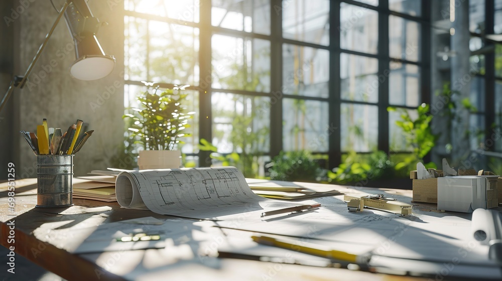 Poster concept architect and desk of architectural project in construction site or office building with min