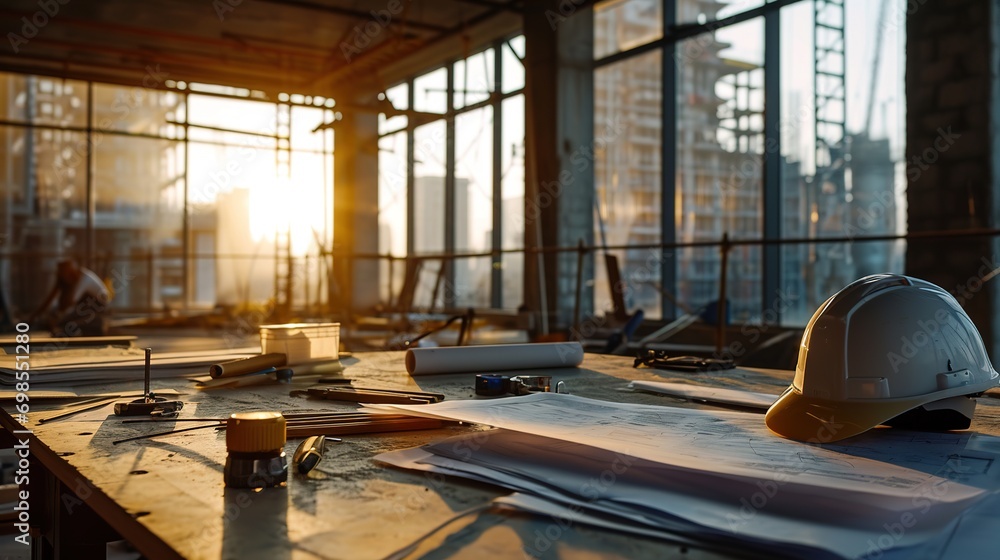 Poster concept architect and desk of architectural project in construction site or office building with min
