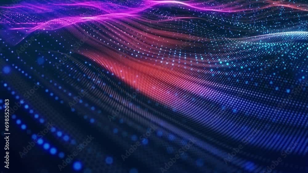 Poster stunning surface composed of neon glow particles that form waves of light. captivating seamless loop