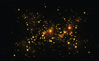 Sparkling golden particles. Glittering golden confetti on black isolated background. Christmas and New Year concept in trendy festive golden color.
