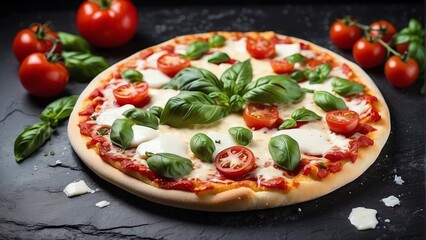 Pizza Margherita on black stone background, top view. Pizza Margarita with Tomatoes, Basil and Mozzarella Cheese close up