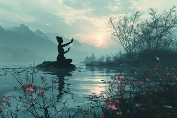 A woman practicing yoga in a serene setting, zen style with soft pastel colors and tranquil scenery
