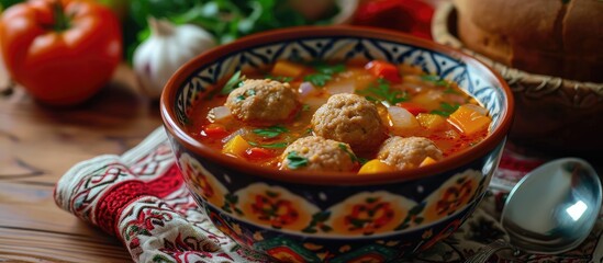 Fototapeta na wymiar Romanian traditional soup with meatballs.