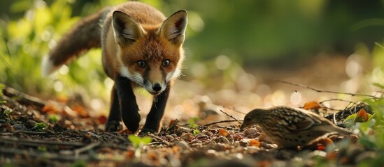 Normandy's red fox cub hunts down a partridge. - obrazy, fototapety, plakaty