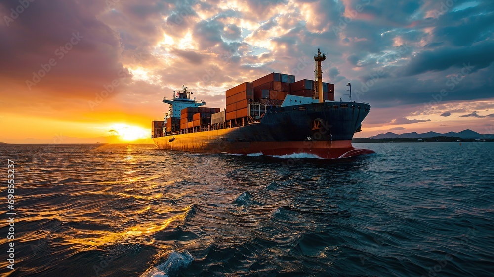 Wall mural container cargo freight ship at sunset