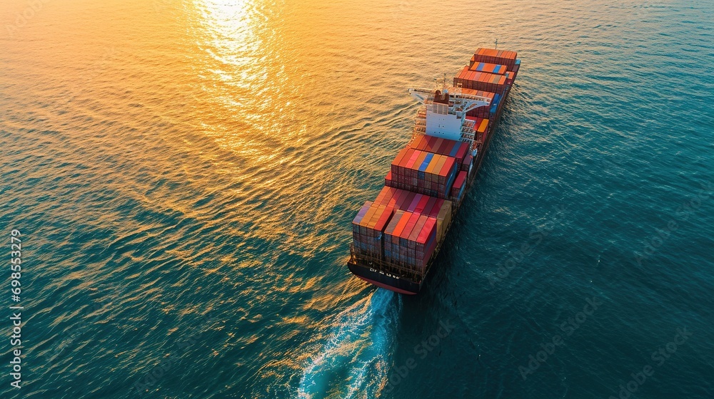 Poster container ship in import export and business logistics