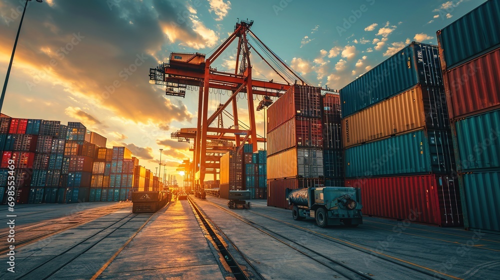 Poster container stacker crane lifting up stacking container box in yard, container loading cargo freight i