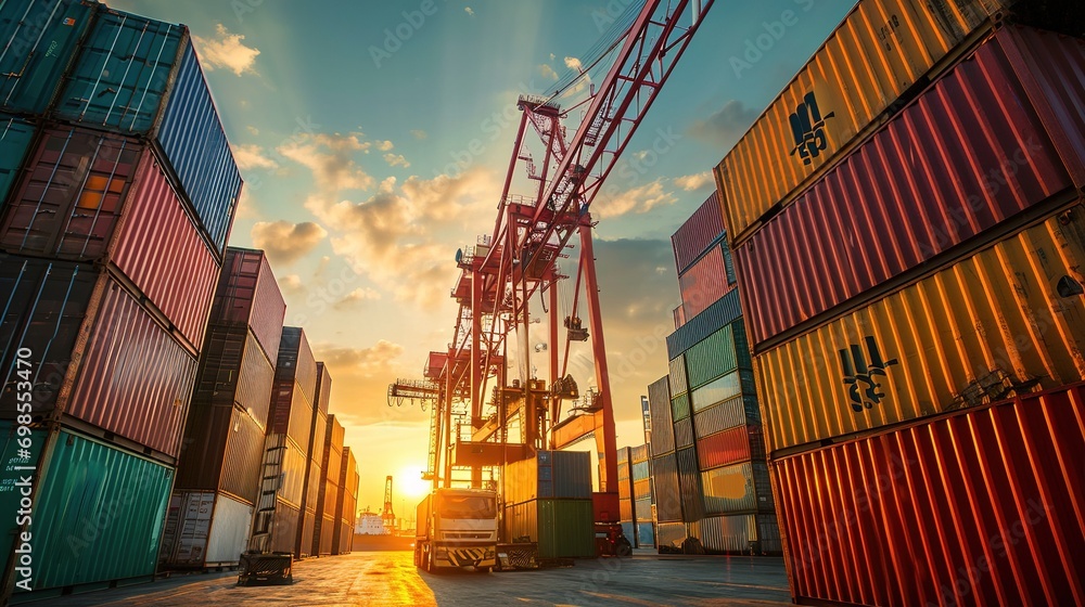 Poster container stacker crane lifting up stacking container box in yard, container loading cargo freight i