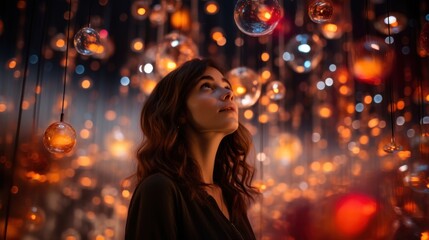 Obraz na płótnie Canvas Surrounded by a kaleidoscope of hanging lights, a woman gazes upward in wonder.