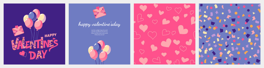 Valentine’s Day handwritten calligraphy designs, balloons, hearts, envelopes, and seamless patterns of hearts and colorful confetti make up a set of greeting cards