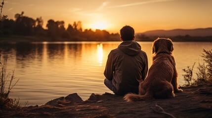 Person and a golden retriever sit together looking over a tranquil lake. - obrazy, fototapety, plakaty