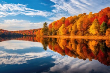 Obraz premium Autumn Reflection In Lake Presents Perfect Reflection Of Fall Colors In Still Water
