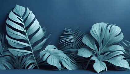 Artistic Paper Crafted Tropical Leaves on Blue Background