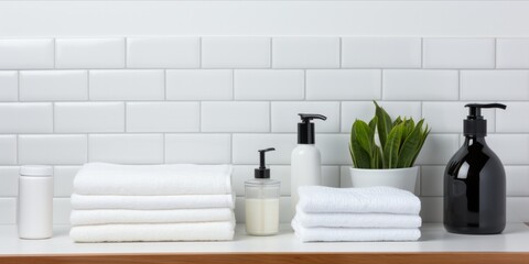 Bathroom countertop with rolled towels, a bar of soap in a dish, and toiletries against a white brick wall.