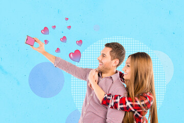Creative collage of two idyllic lovers cuddle smart phone take selfie heart symbols isolated on...