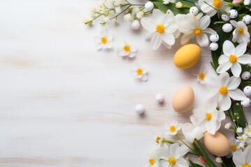 Enhancing The Vibrant Seasonal Atmosphere With An Easter Background Featuring Eggs And Spring Flowers - obrazy, fototapety, plakaty