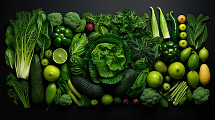 Green fruits and vegetables for healthy diet, top view. Clean eating concept