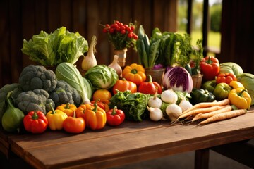 Farmtotable Vegetables, Variety Of Organic Vegetables Spread Out On Farm Table